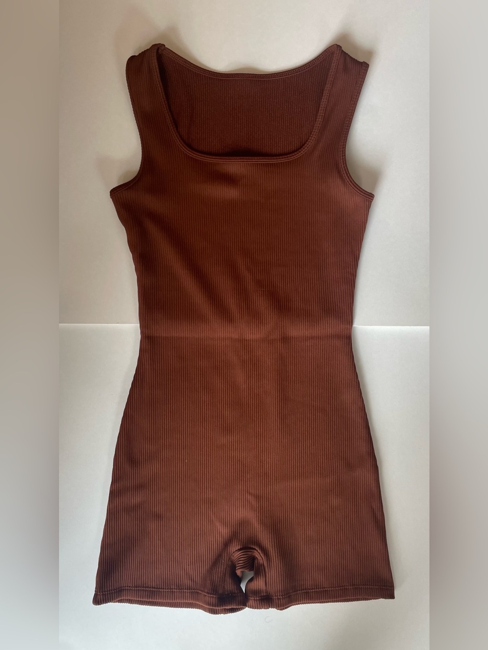 Ribbed Square Neck Brown Bodysuit Romper Tank Athletic/Athleisure Pilates Top